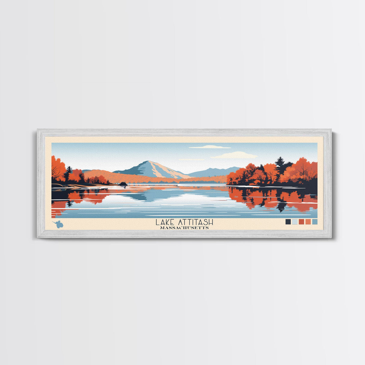 Lake Attitash Massachusetts Framed Canvas Print, Panoramic Wall Art, Midcentury Modern, Pop Art, Bedroom Decor, Travel Poster, Living Room Art