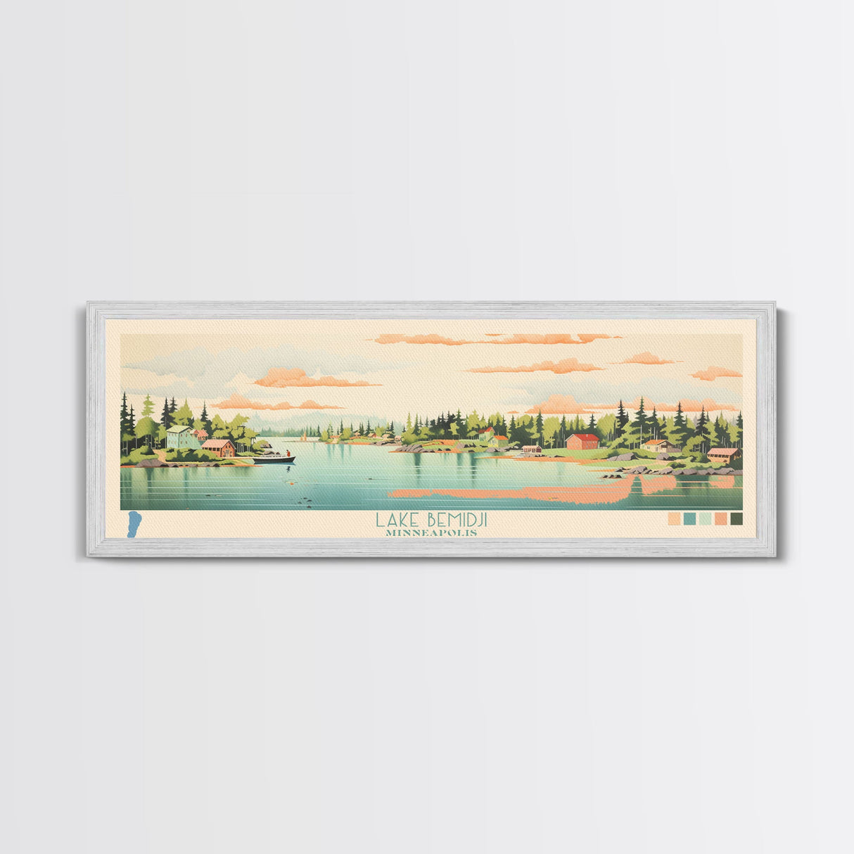 Lake Bemidji Minneapolis Framed Canvas Print, Panoramic Wall Art, Midcentury Modern, Pop Art, Bedroom Decor, Travel Poster, Living Room Art