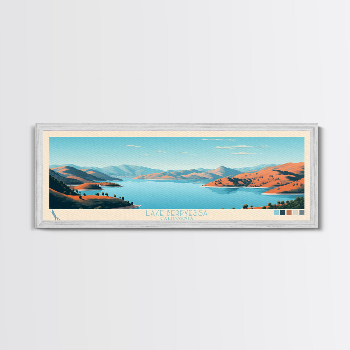 Lake Berryessa California Framed Canvas Print, Panoramic Wall Art, Midcentury Modern, Pop Art, Bedroom Decor, Travel Poster, Living Room Art