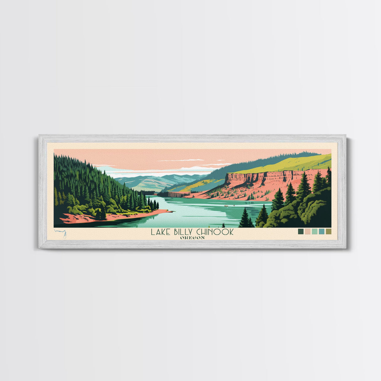 Lake Billy Chinook Oregon Framed Canvas Print, Panoramic Wall Art, Midcentury Modern, Pop Art, Living Room Decor, Travel Poster, Bedroom Art