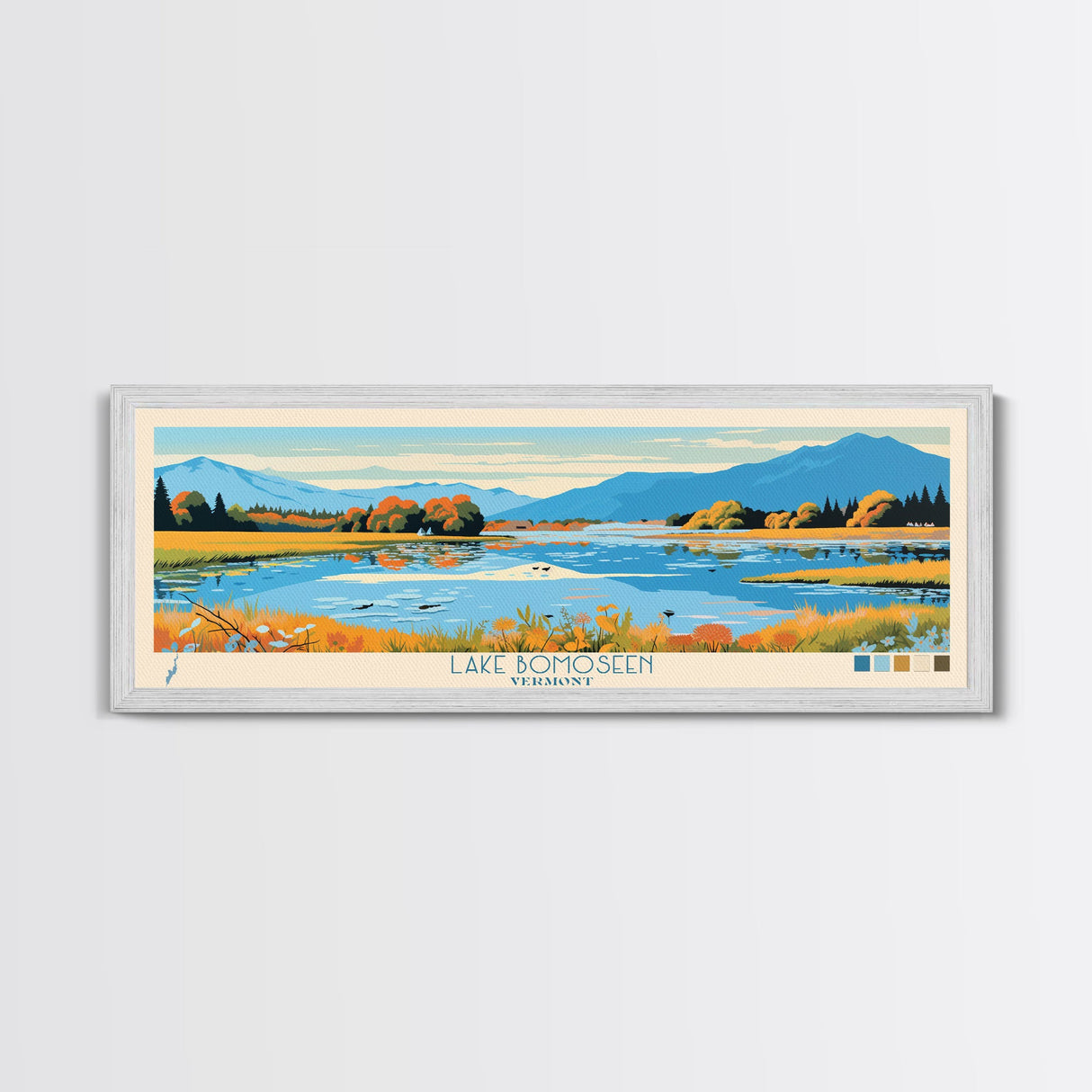 Lake Bomoseen Vermont Framed Canvas Print, Panoramic Wall Art, Midcentury Modern, Pop Art, Bedroom Decor, Travel Poster, Living Room Art