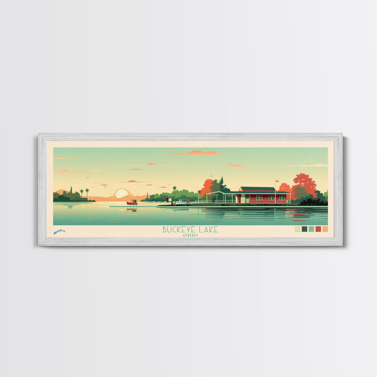 Lake Buckeye Framed Canvas Print, Panoramic Art, Midcentury Modern, Pop Art, Living Room Wall Art, Travel Poster, Lake House Decor