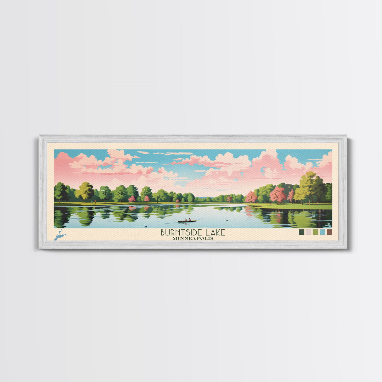 Lake Burntside Framed Canvas Print, Panoramic Art, Midcentury Modern, Pop Art, Living Room Wall Art, Travel Poster, Lake House Decor