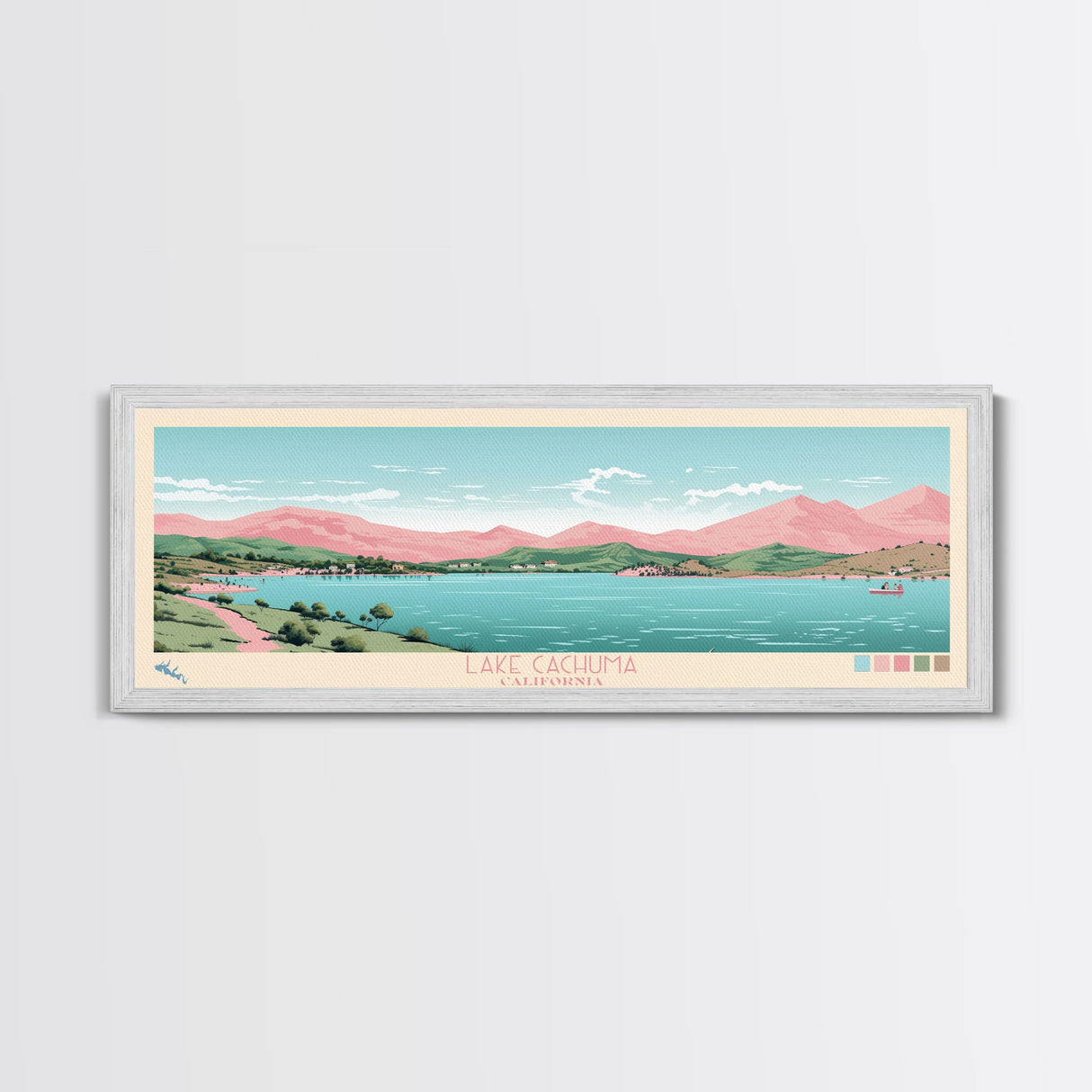 Lake Cachuma California Framed Canvas Print, Panoramic Art, Midcentury Modern, Pop Art, Living Room Wall Art, Travel Poster, Lake House Decor