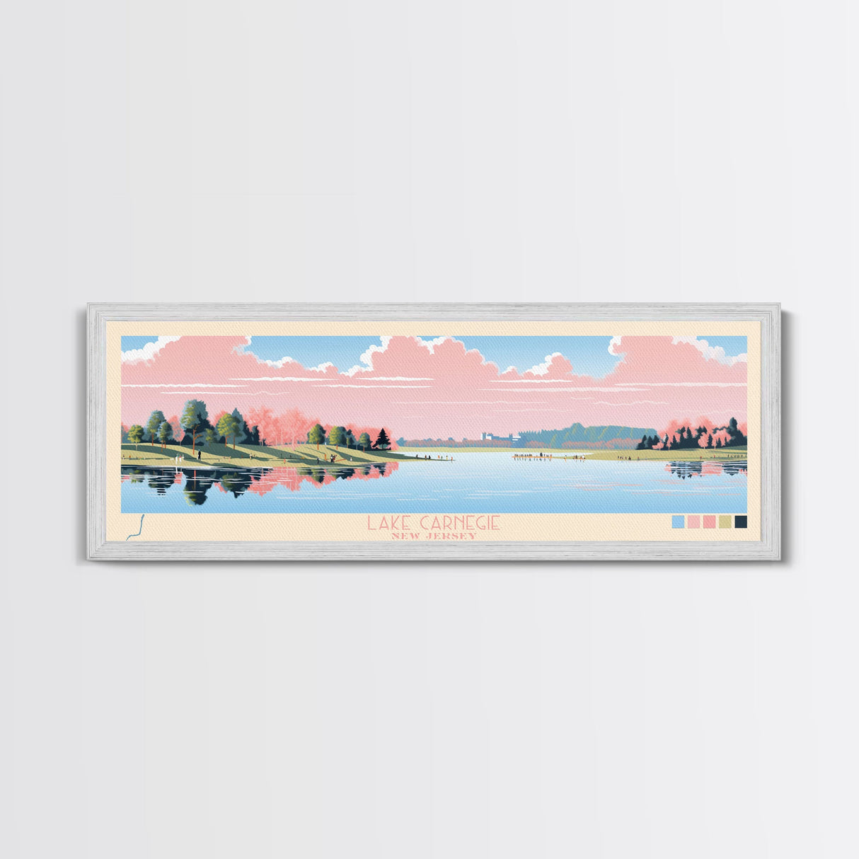 Lake Carnegie New Jersey Framed Canvas Print, Panoramic Wall Art, Midcentury Modern, Pop Art, Bedroom Decor, Travel Poster, Living Room Art