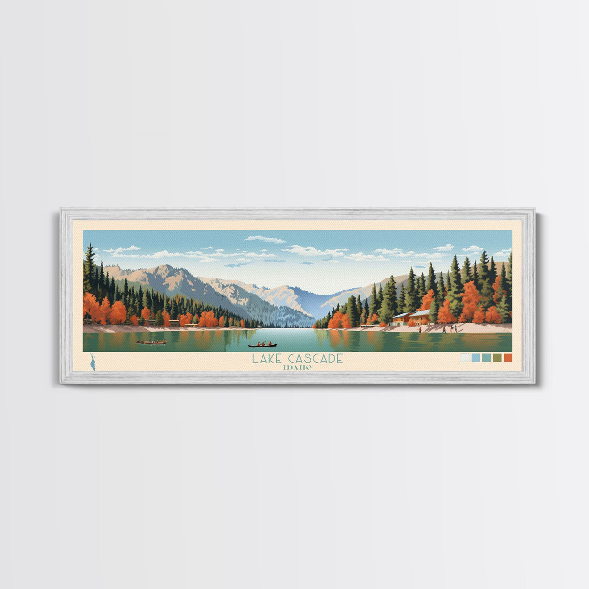 Lake Cascade Idaho Framed Canvas Print, Panoramic Art, Midcentury Modern, Pop Art, Living Room Wall Art, Travel Poster, Lake House Decor