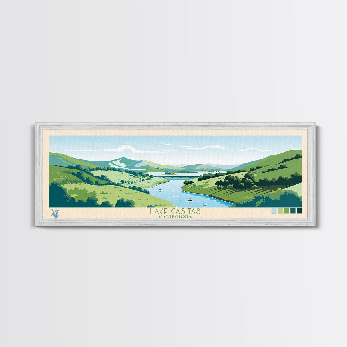 Lake Casitas California Framed Canvas Print, Panoramic Wall Art, Midcentury Modern, Pop Art, Bedroom Decor, Travel Poster, Living Room Art