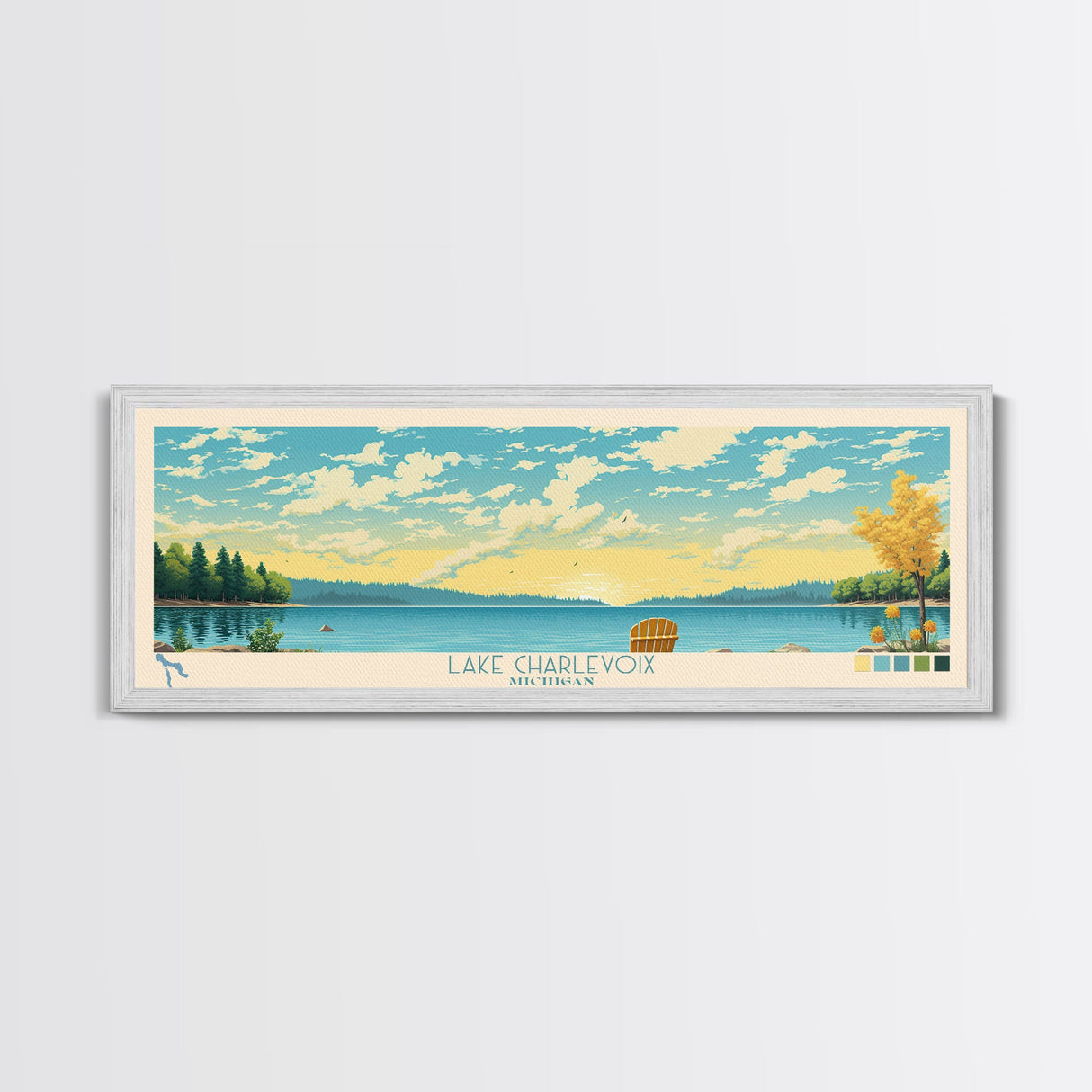 Lake Charlevoix Michigan Framed Canvas Print, Panoramic Wall Art, Midcentury Modern, Pop Art, Bedroom Decor, Travel Poster, Living Room Art