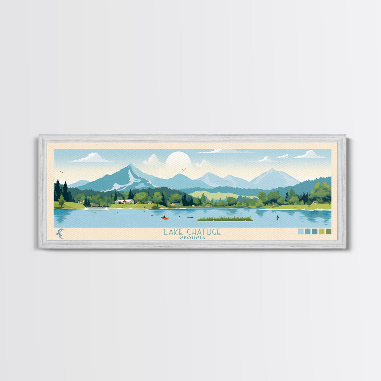 Lake Chatuge Georgia Framed Canvas Print, Panoramic Art, Midcentury Modern, Pop Art, Living Room Wall Art, Travel Poster, Lake House Decor