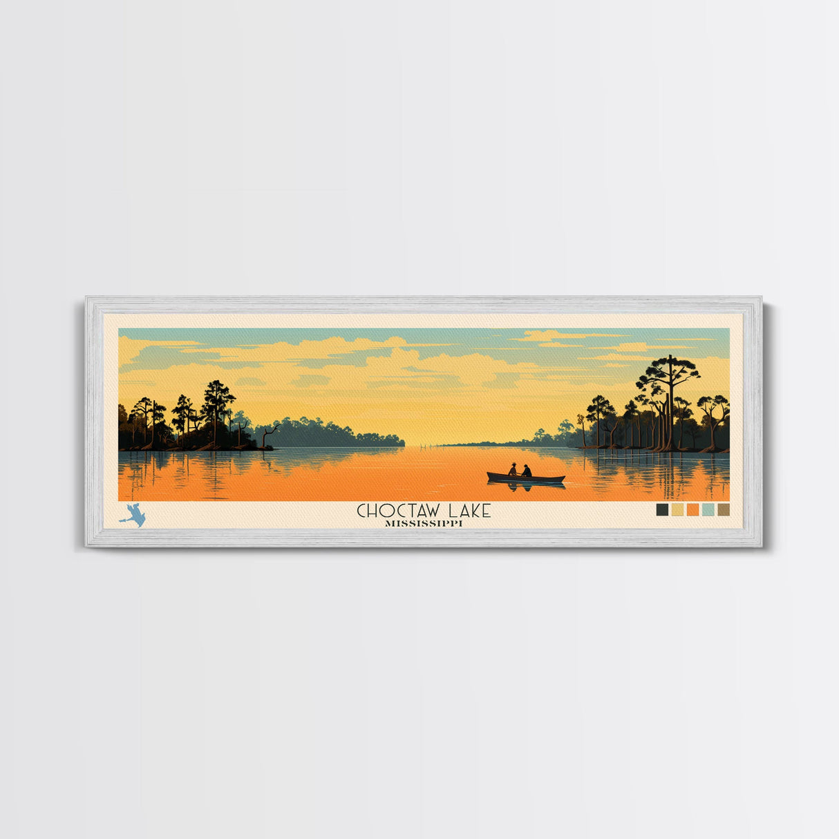 Lake Choctaw Framed Canvas Print, Panoramic Art, Midcentury Modern, Pop Art, Living Room Wall Art, Travel Poster, Lake House Decor