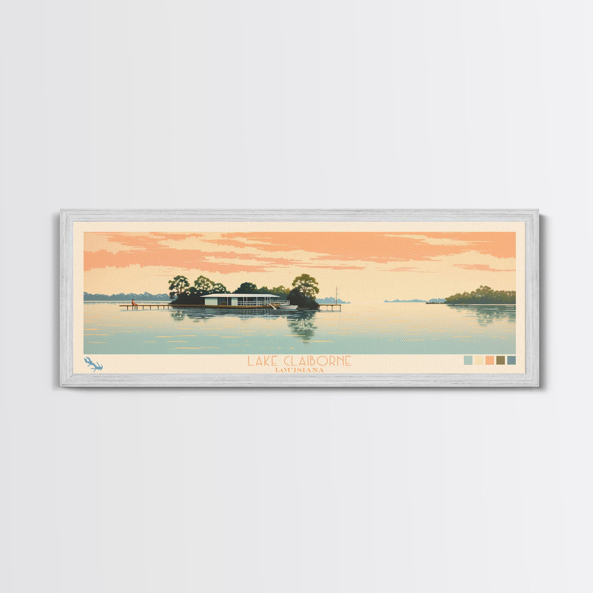 Lake Claiborne Louisiana Framed Canvas Print, Panoramic Wall Art, Midcentury Modern, Pop Art, Bedroom Decor, Travel Poster, Living Room Art