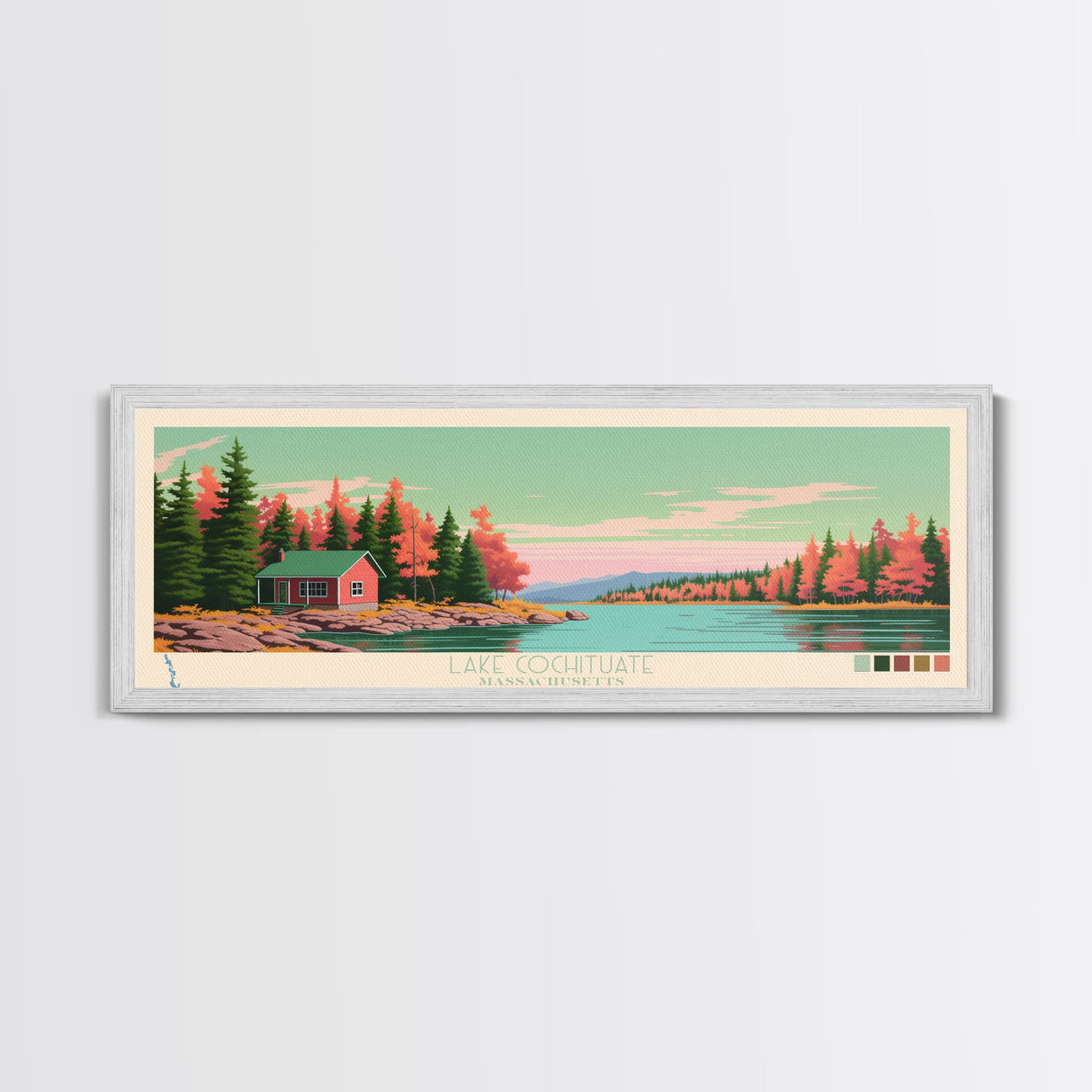 Lake Cochituate Massachusetts Framed Canvas Print, Panoramic Wall Art, Midcentury Modern, Pop Art, Bedroom Decor, Travel Poster, Living Room Art