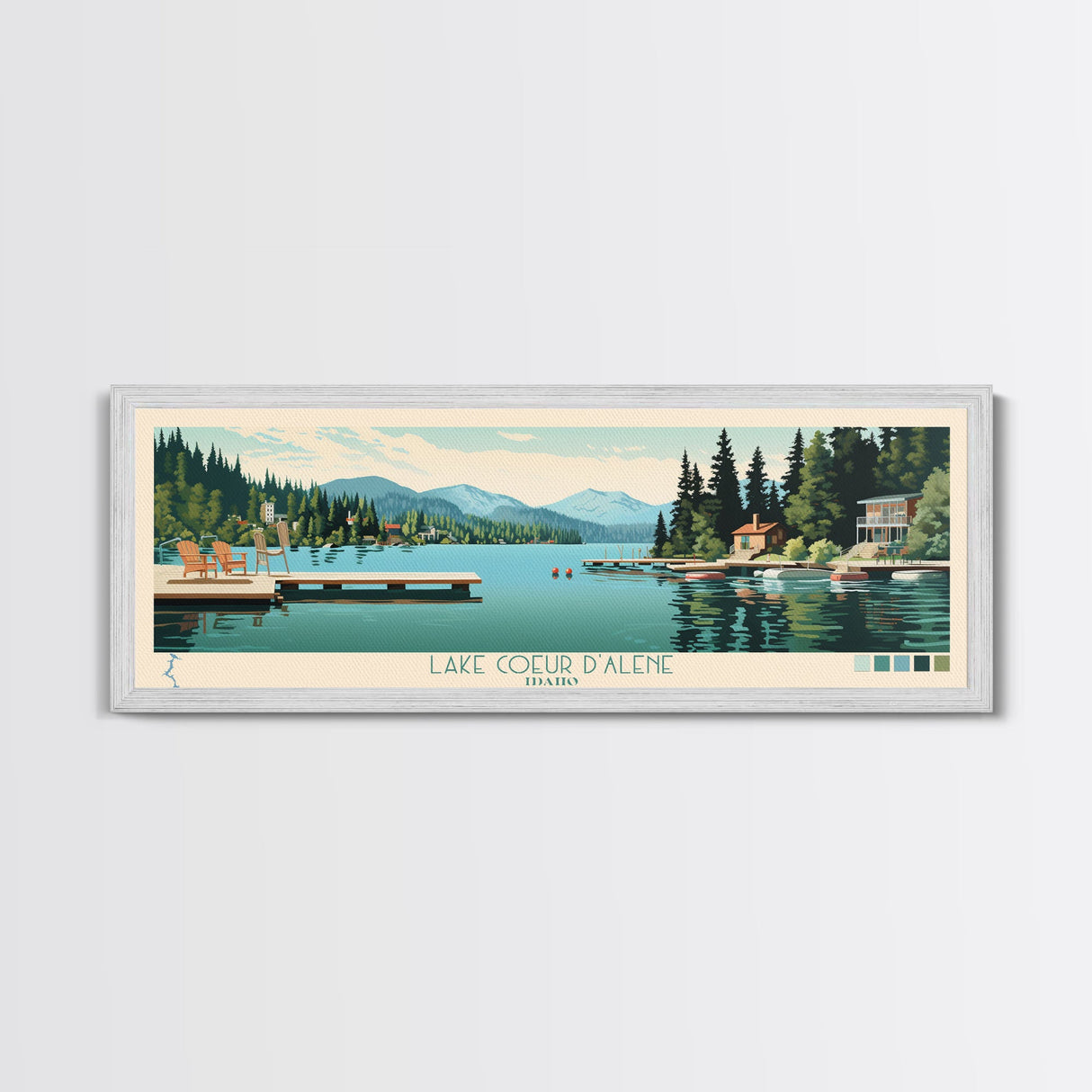 Lake Coeur dAlene Idaho Framed Canvas Print, Panoramic Art, Midcentury Modern, Pop Art, Living Room Wall Art, Travel Poster, Lake House Decor