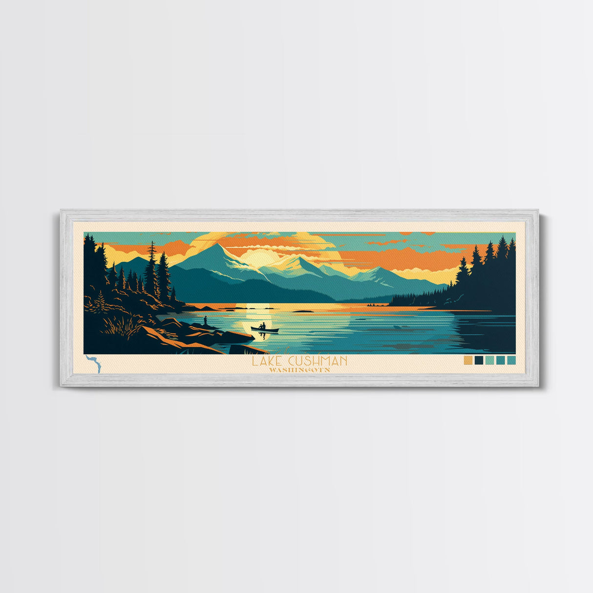 Lake Cushman Washington Framed Canvas Print, Panoramic Wall Art, Midcentury Modern, Pop Art, Bedroom Decor, Travel Poster, Living Room Art