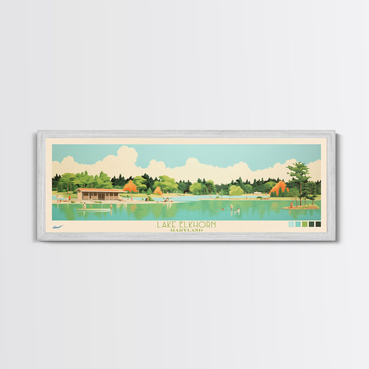 Lake Elkhorn Maryland Framed Canvas Print, Panoramic Wall Art, Midcentury Modern, Pop Art, Bedroom Decor, Travel Poster, Living Room Art