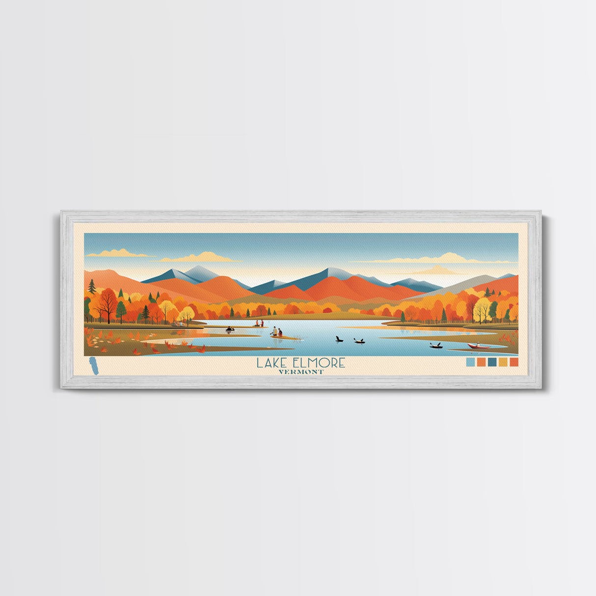 Lake Elmore Vermont Framed Canvas Print, Panoramic Art, Midcentury Modern, Pop Art, Living Room Wall Art, Travel Poster, Lake House Decor