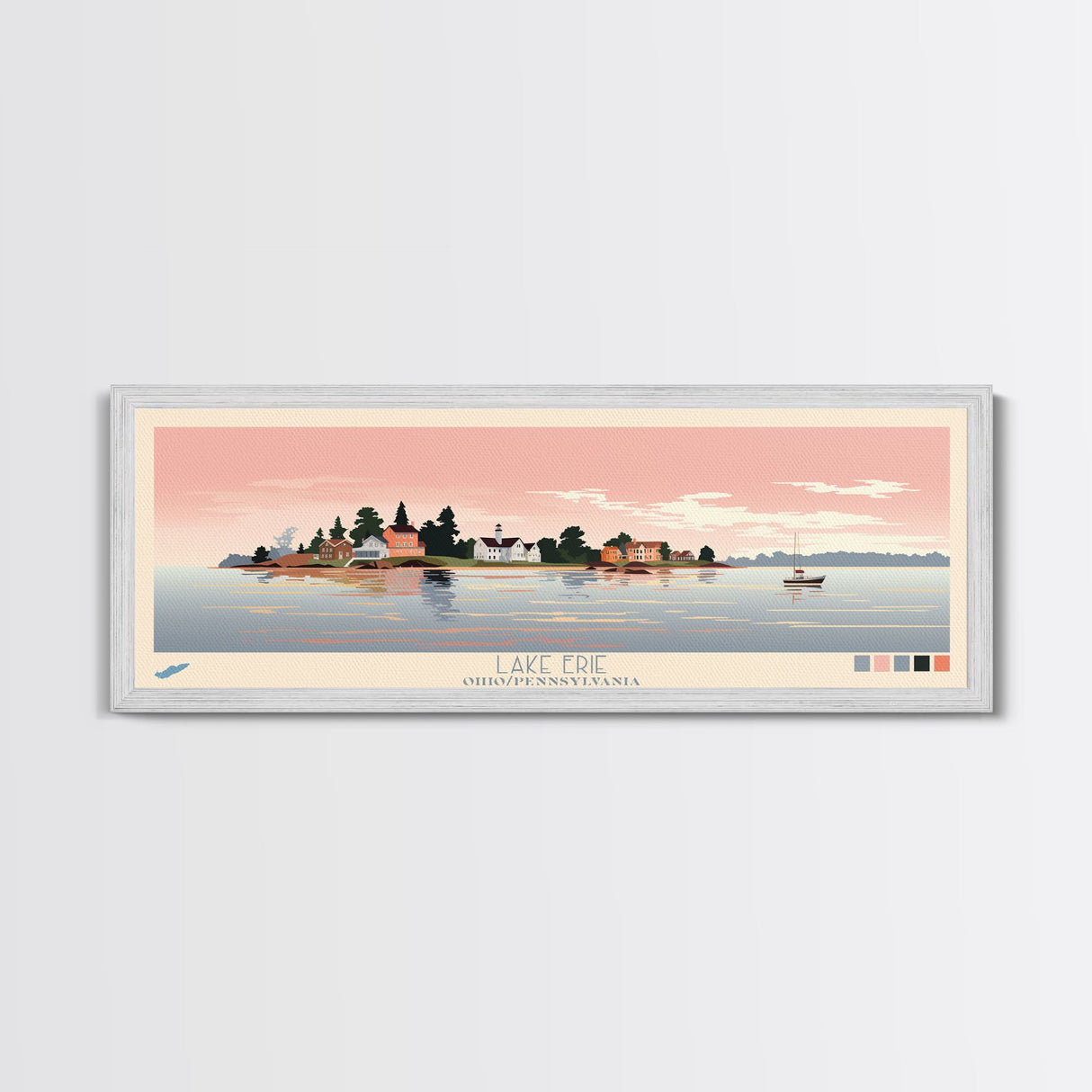 Lake Erie Ohio Pennsylvania Framed Canvas Print, Panoramic Art, Midcentury Modern, Pop Art, Living Room Wall Art, Travel Poster, Lake House Decor