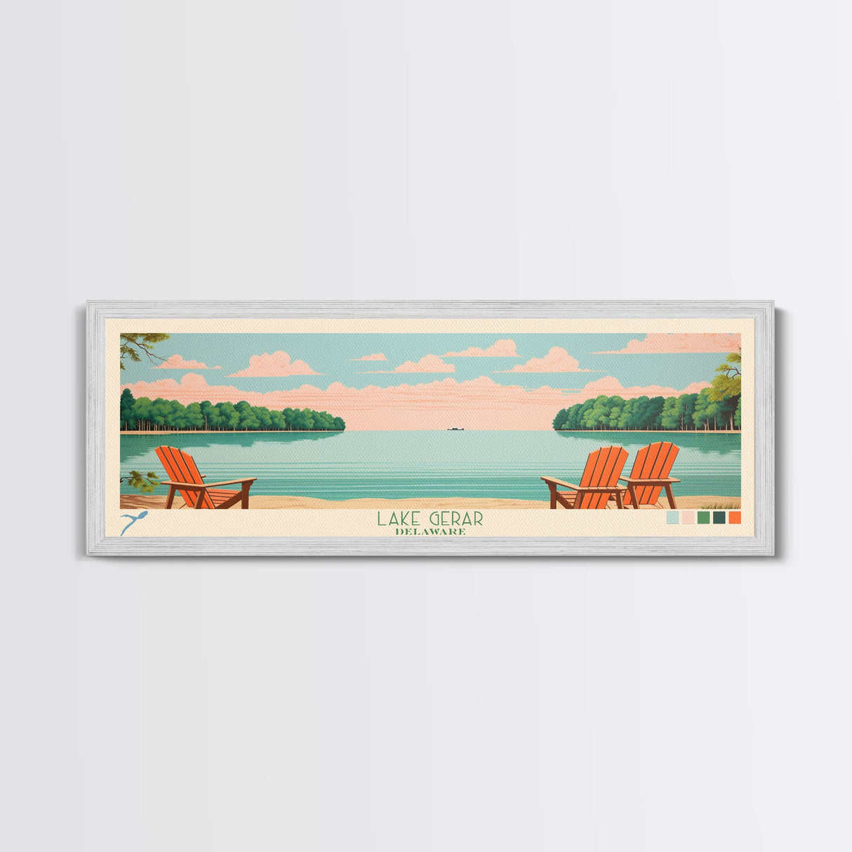 Lake Gerar Delaware Framed Canvas Print, Panoramic Wall Art, Midcentury Modern, Pop Art, Bedroom Decor, Travel Poster, Living Room Art