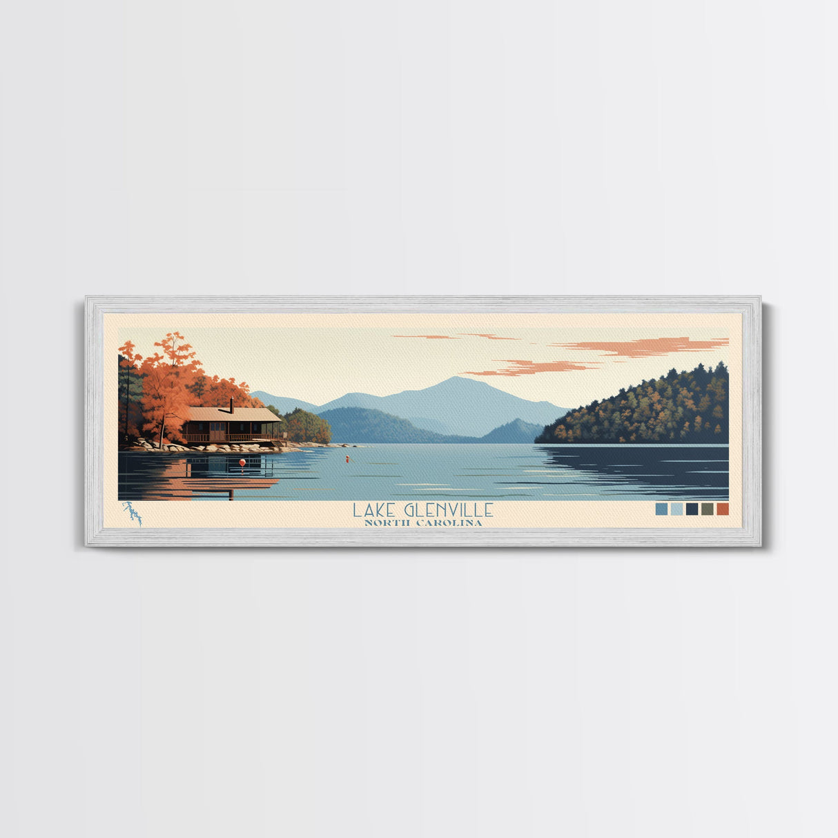 Lake Glenville North Carolina Framed Canvas Print, Panoramic Art, Midcentury Modern, Pop Art, Living Room Wall Art, Travel Poster, Lake House Decor