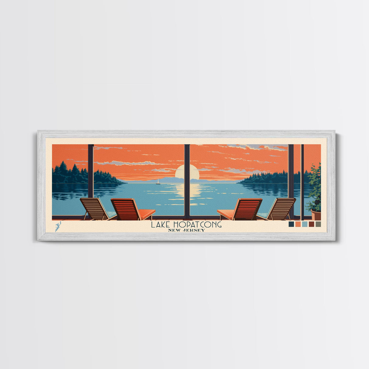 Lake Hopatcong New Jersey Framed Canvas Print, Panoramic Wall Art, Midcentury Modern, Pop Art, Living Room Decor, Travel Poster, Bedroom Art