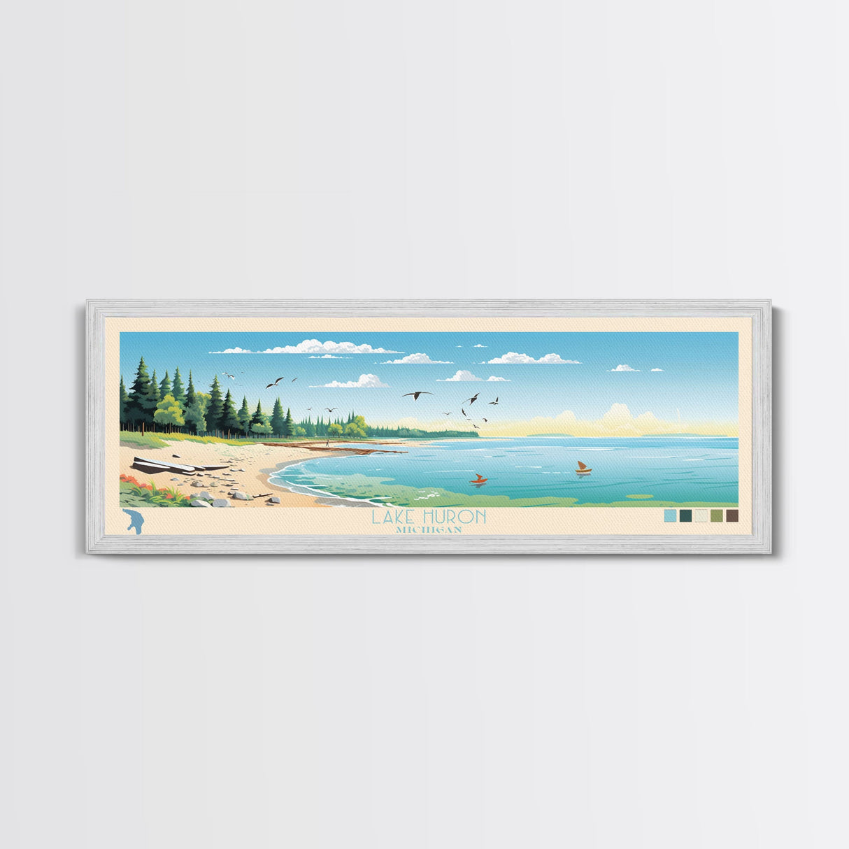 Lake Huron Michigan Framed Canvas Print, Panoramic Wall Art, Midcentury Modern, Pop Art, Living Room Decor, Travel Poster, Bedroom Art