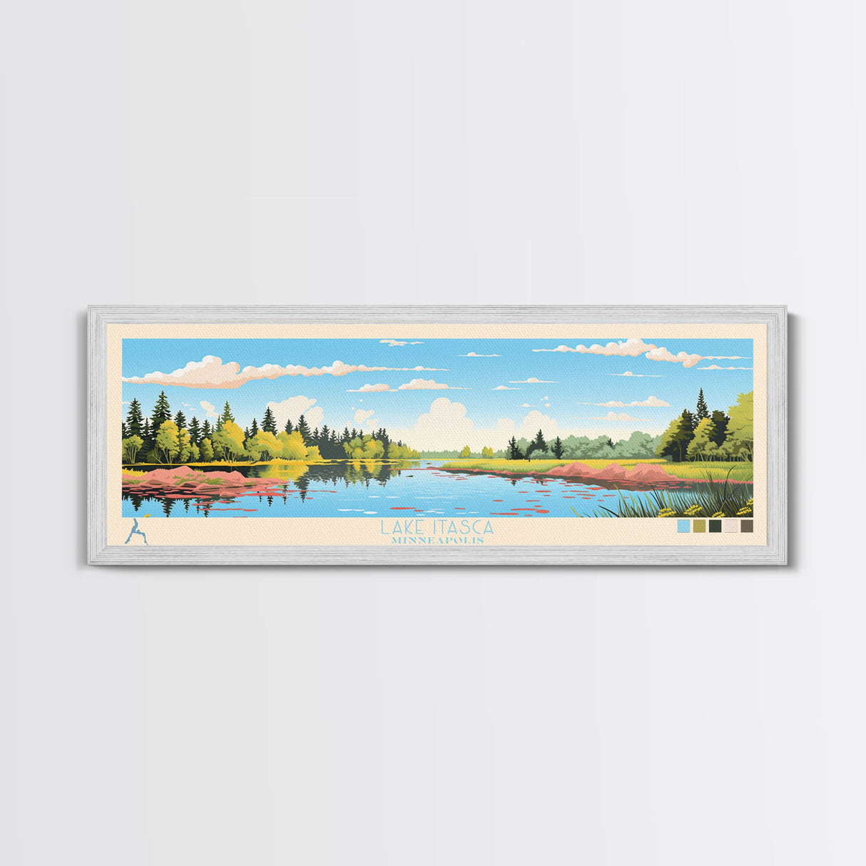 Lake Itasca Minneapolis Framed Canvas Print, Panoramic Wall Art, Midcentury Modern, Pop Art, Lake House Decor, Travel Poster, Bedroom Art