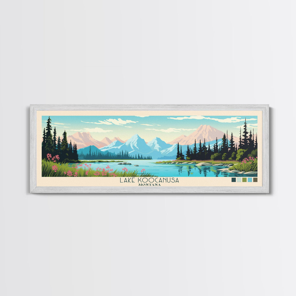 Lake Koocanusa Montana Framed Canvas Print, Panoramic Wall Art, Midcentury Modern, Pop Art, Living Room Decor, Travel Poster, Bedroom Art