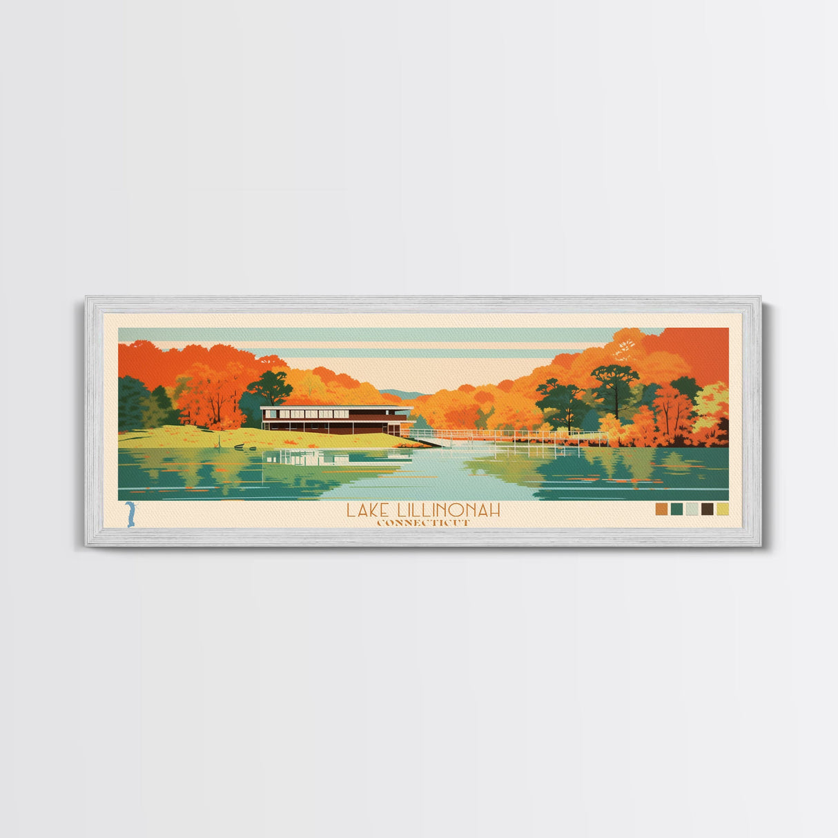 Lake Lillinonah Connecticut Framed Canvas Print, Panoramic Wall Art, Midcentury Modern, Pop Art, Living Room Decor, Travel Poster