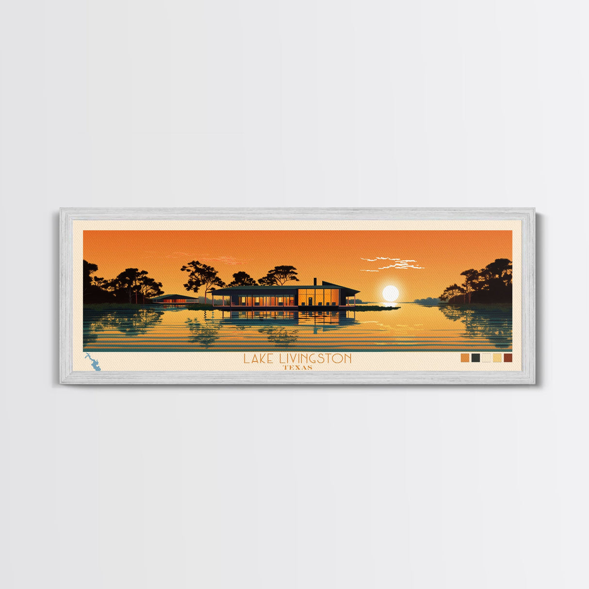 Lake Livingston Texas Framed Canvas Print, Panoramic Wall Art, Midcentury Modern, Pop Art, Bedroom Art, Travel Poster, Lake House Decor