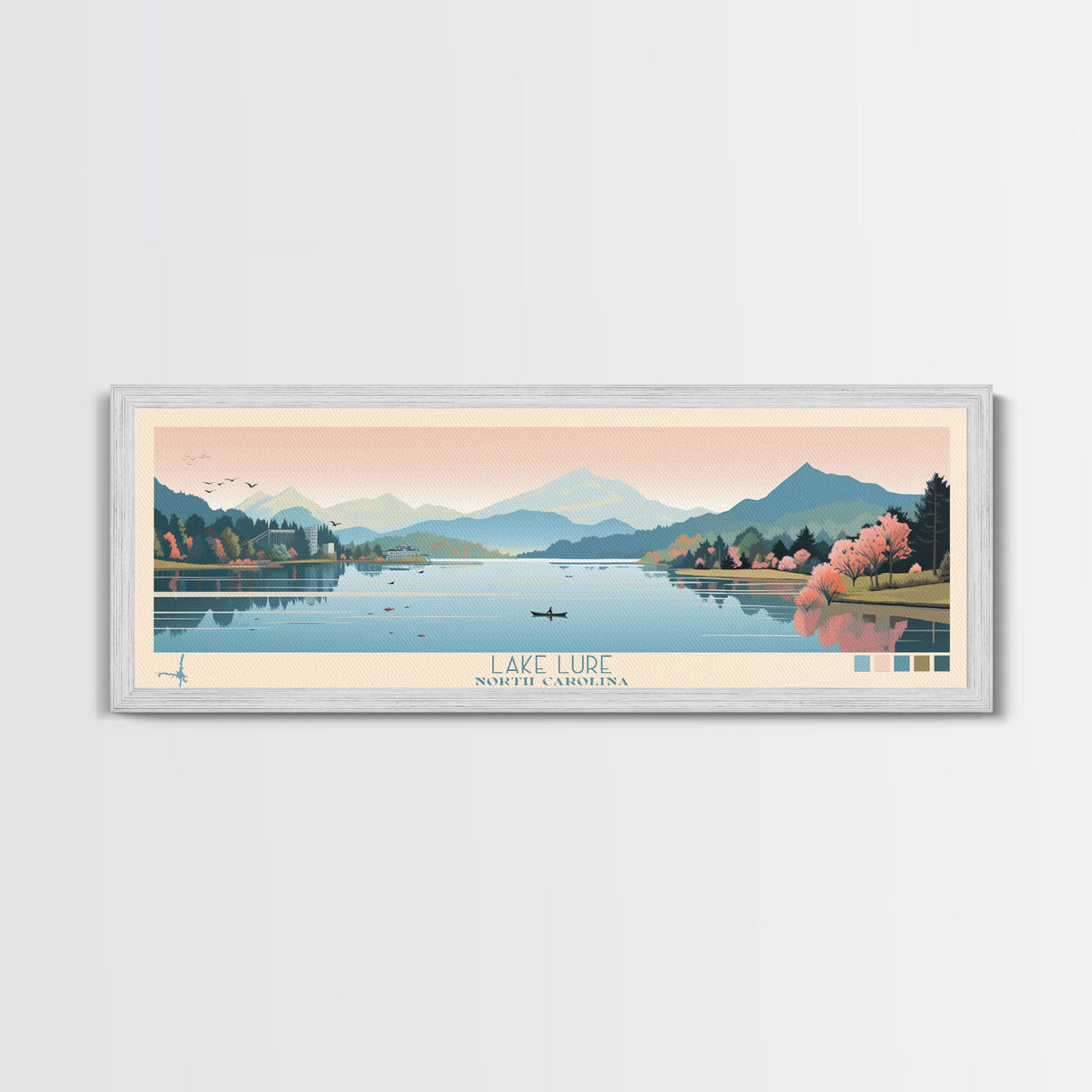 Lake Lure North Carolina Framed Canvas Print, Panoramic Wall Art, Midcentury Modern, Pop Art, Living Room Decor, Travel Poster