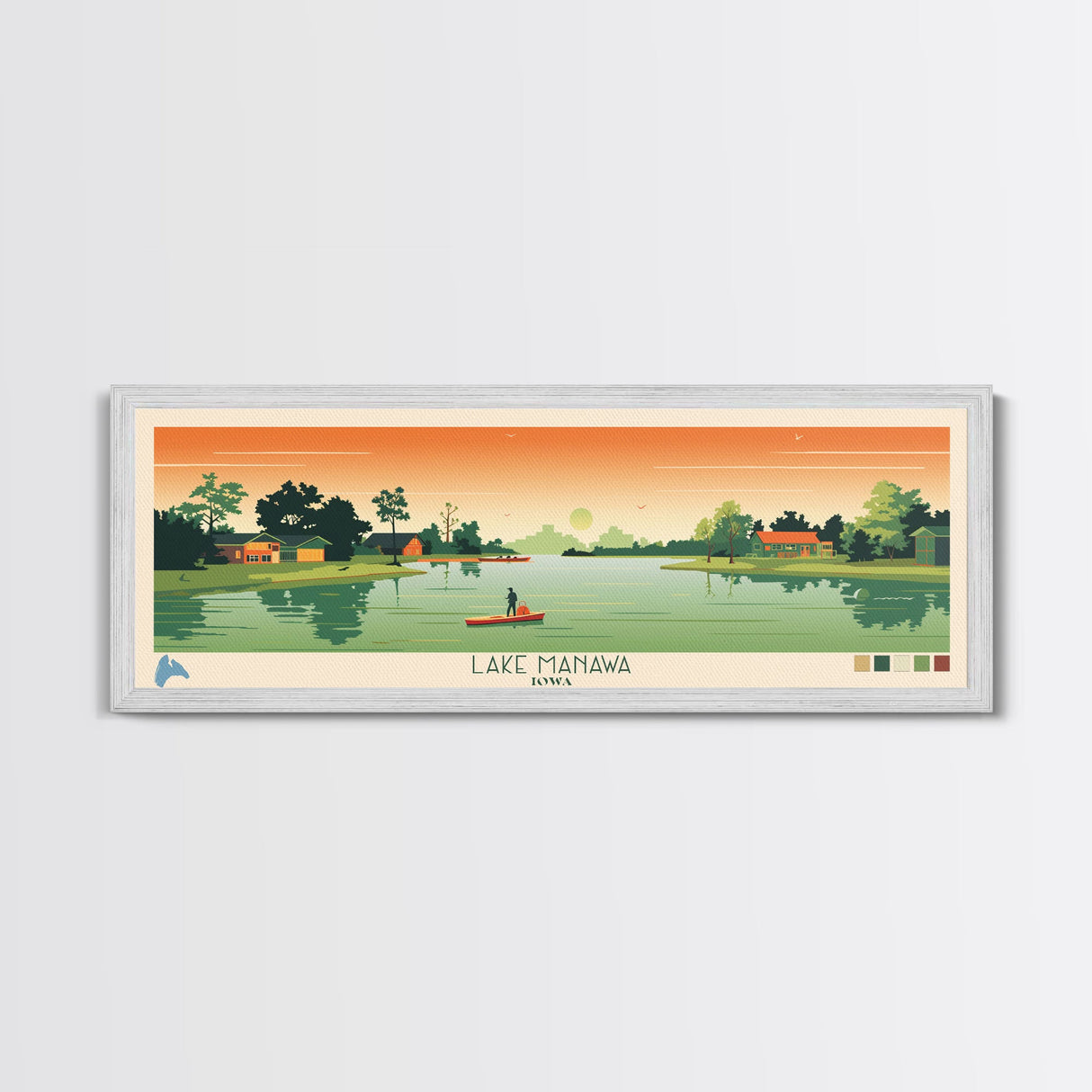 Lake Manawa Iowa Framed Canvas Print, Panoramic Wall Art, Midcentury Modern, Pop Art, Living Room Decor, Travel Poster