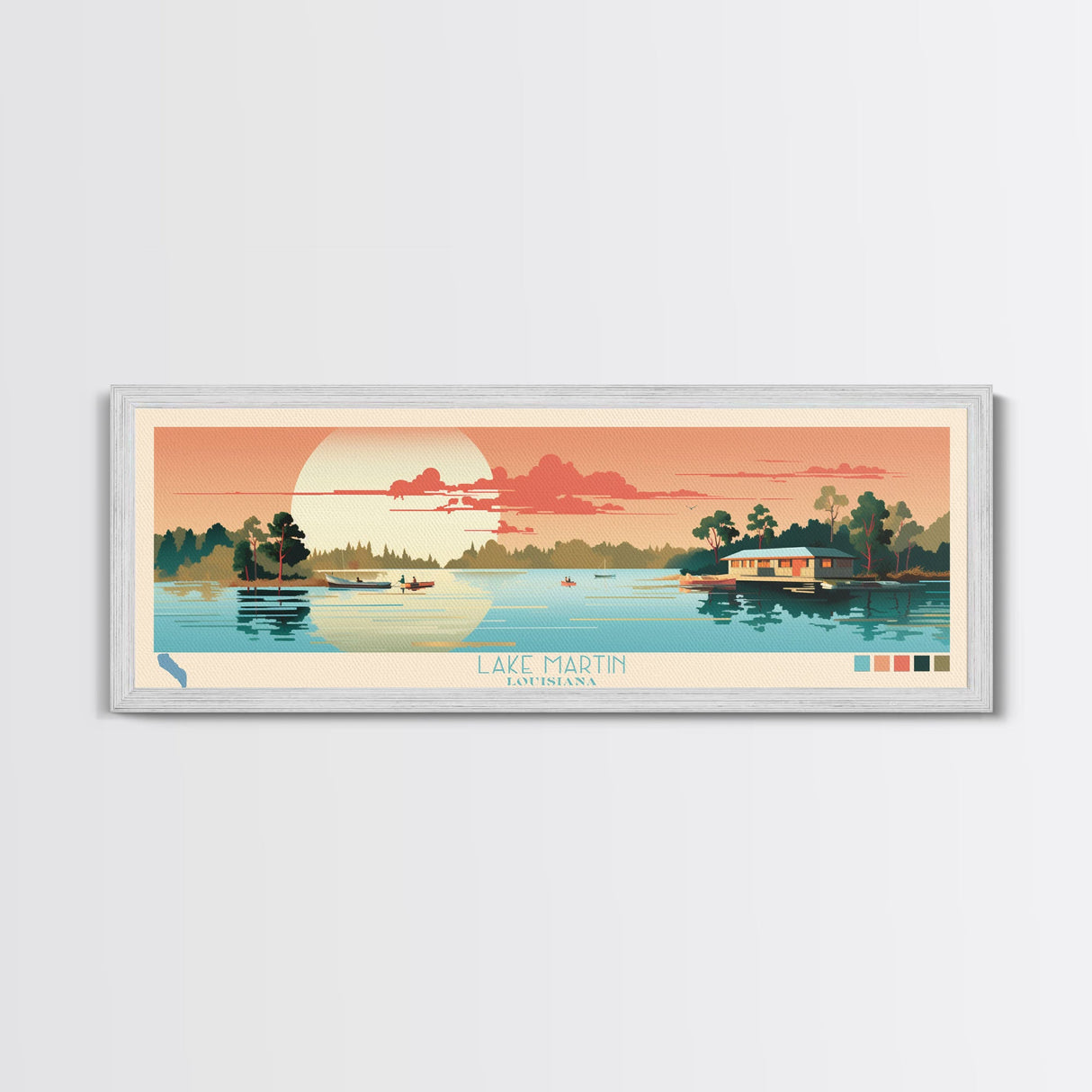 Lake Martin Louisiana Framed Canvas Print, Panoramic Wall Art, Midcentury Modern, Pop Art, Bedroom Art, Travel Poster, Lake House Decor