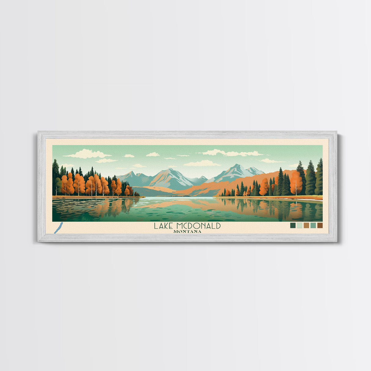 Lake McDonald Montana Framed Canvas Print, Panoramic Wall Art, Midcentury Modern, Pop Art, Living Room Decor, Travel Poster