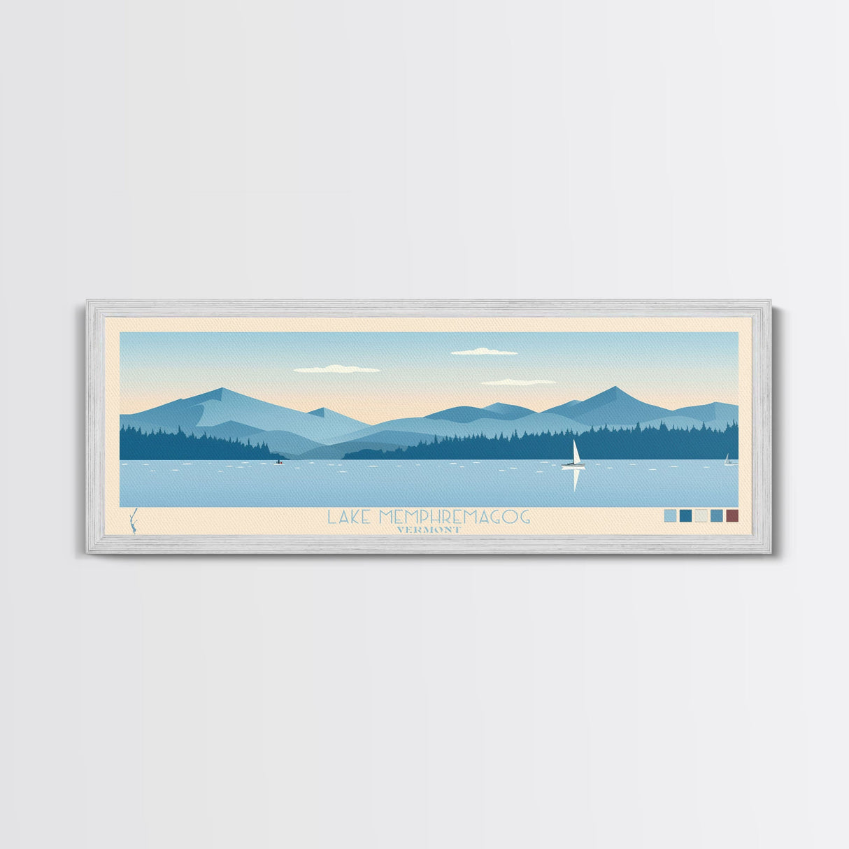 Lake Memphremagog Vermont Framed Canvas Print, Panoramic Wall Art, Midcentury Modern, Pop Art, Bedroom Art, Travel Poster, Lake House Decor