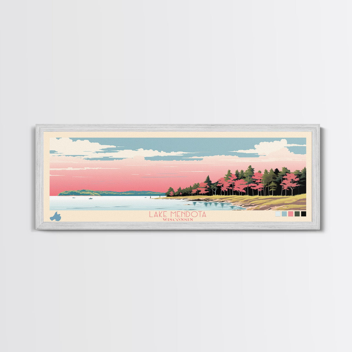 Lake Mendota Wisconsin Framed Canvas Print, Panoramic Wall Art, Midcentury Modern, Pop Art, Living Room Decor, Travel Poster