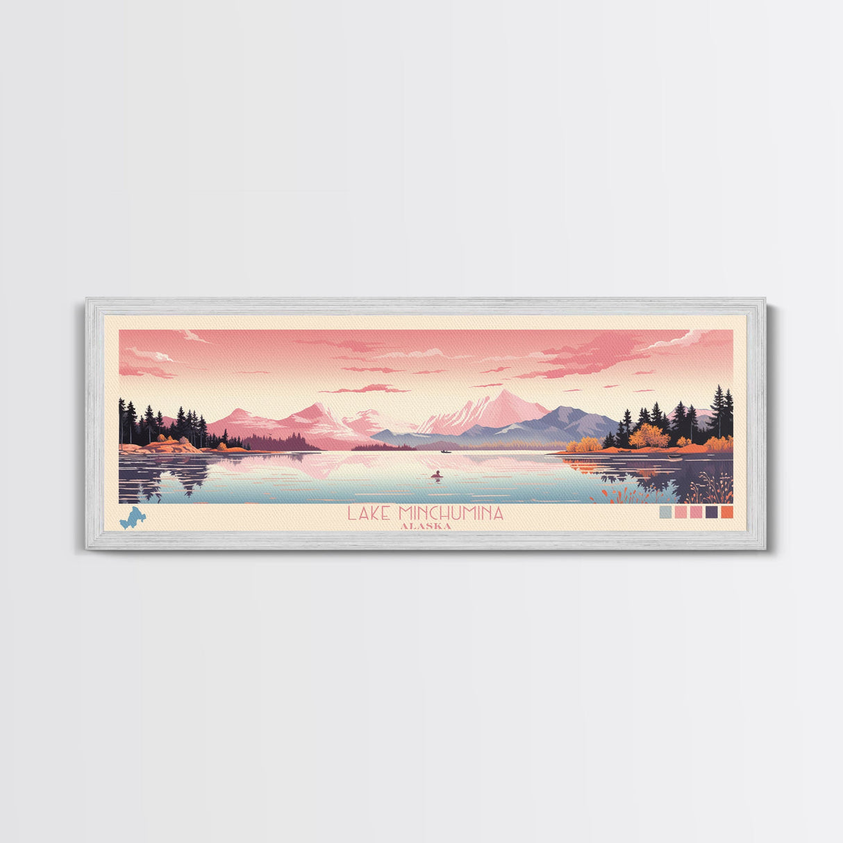 Lake Minchumina Alaska Framed Canvas Print, Panoramic Wall Art, Midcentury Modern, Pop Art, Bedroom Art, Travel Poster, Lake House Decor