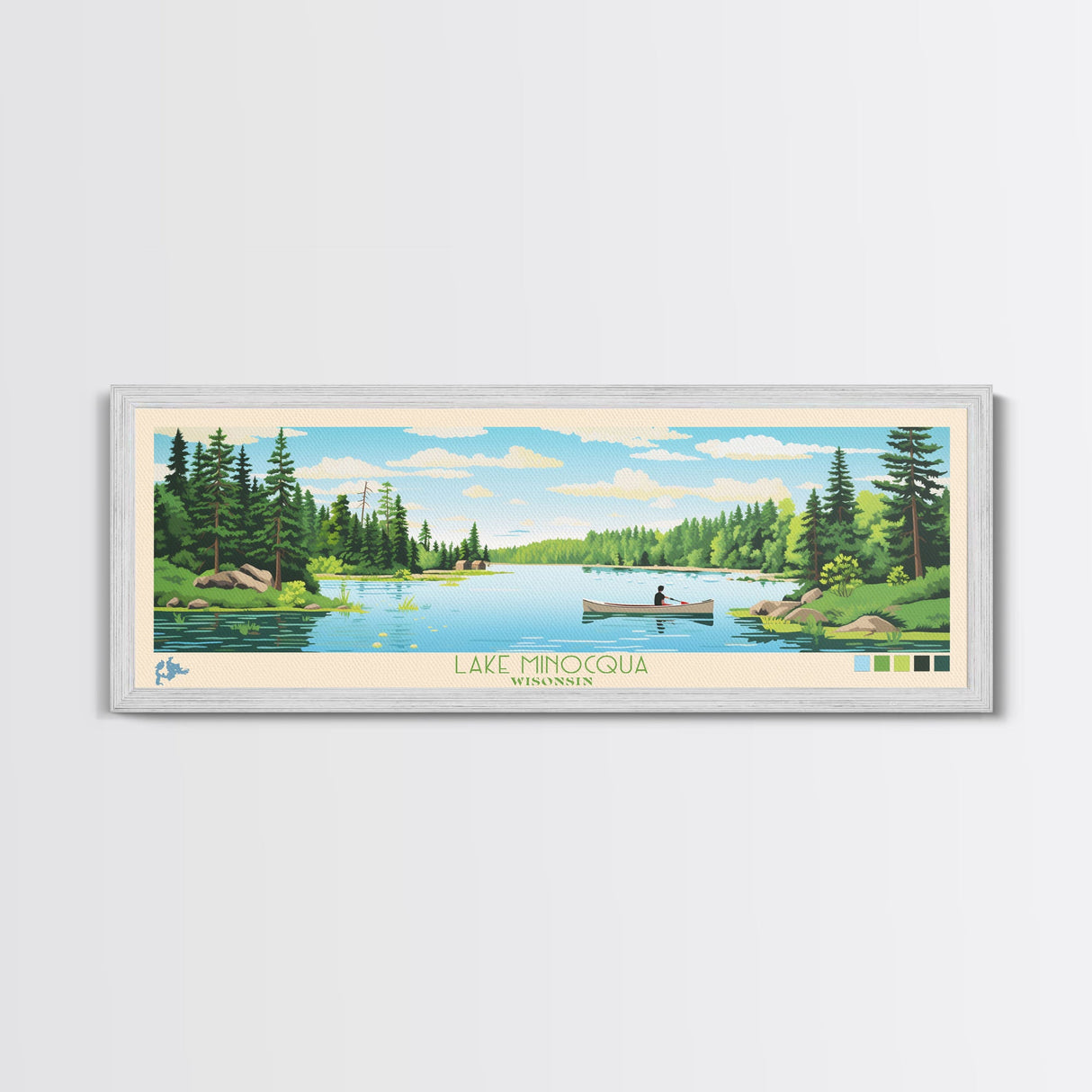 Lake Minocqua Wisconsin Framed Canvas Print, Panoramic Wall Art, Midcentury Modern, Pop Art, Living Room Decor, Travel Poster