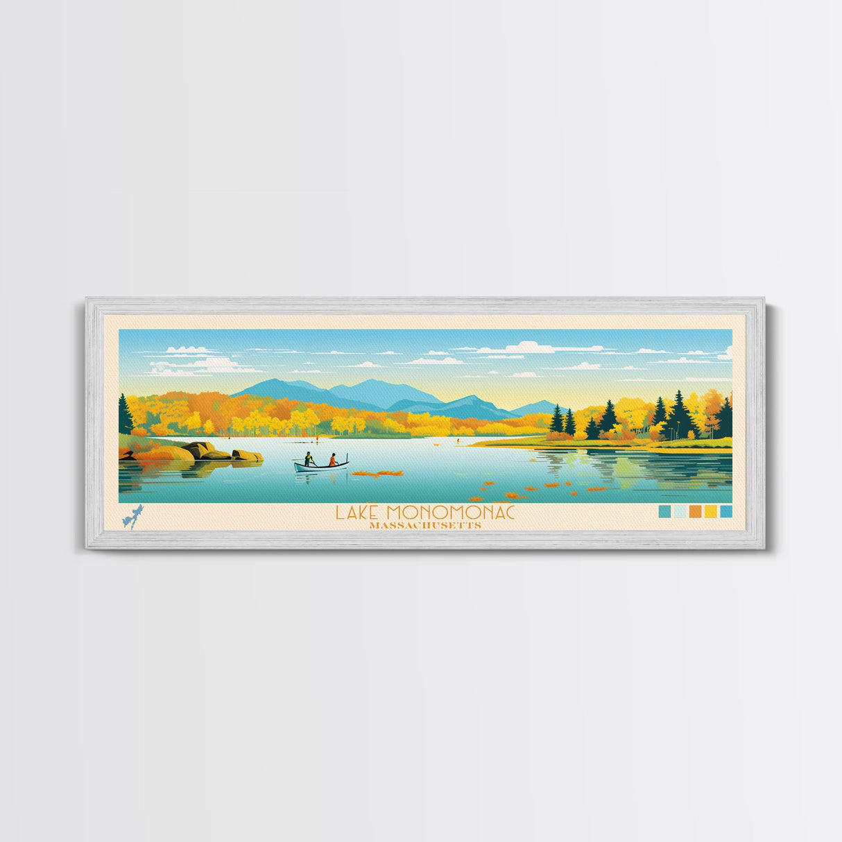 Lake Monomonac Massachusetts Framed Canvas Print, Panoramic Wall Art, Midcentury Modern, Pop Art, Bedroom Art, Travel Poster, Lake House Decor