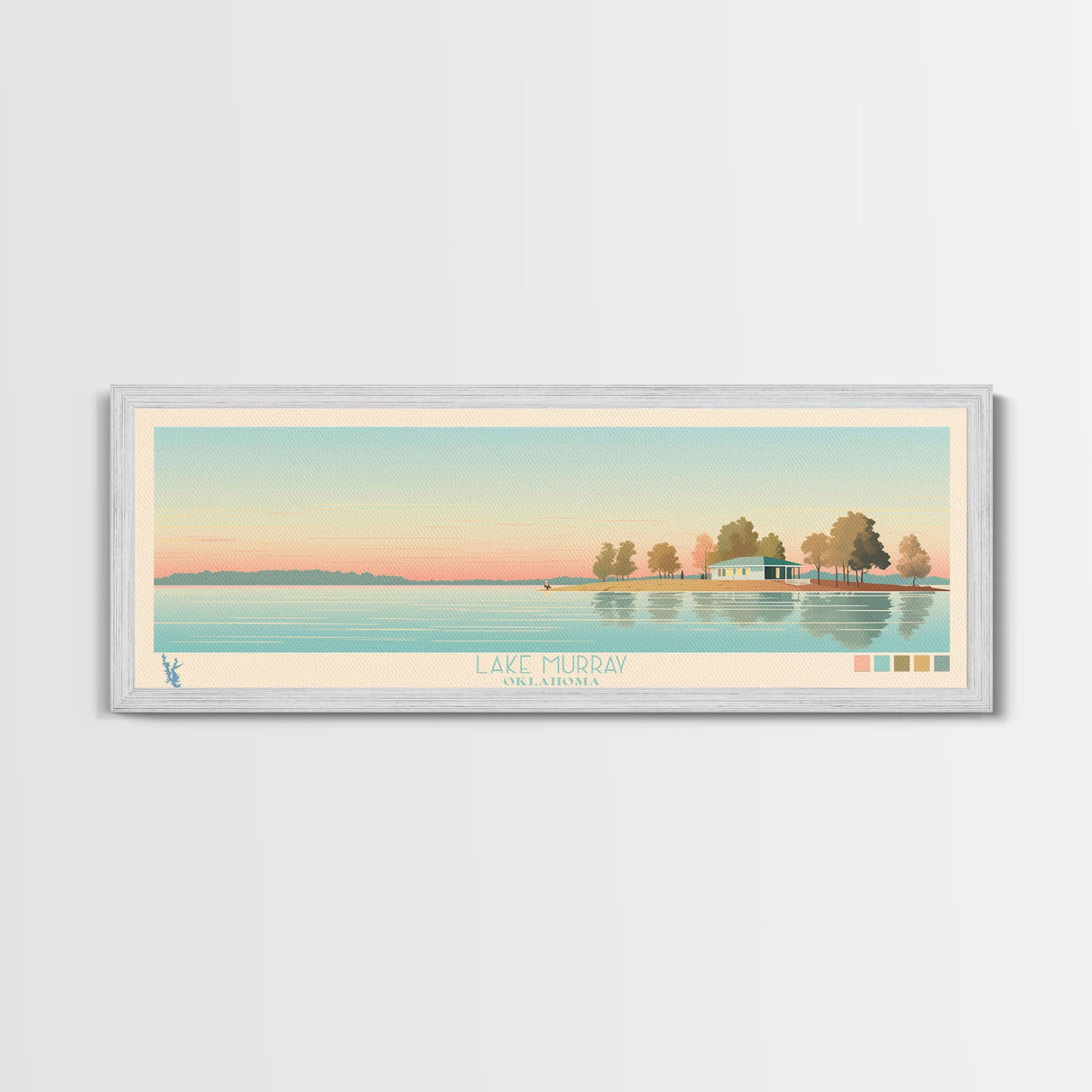 Lake Murray Oklahoma Framed Canvas Print, Panoramic Wall Art, Midcentury Modern, Pop Art, Living Room Decor, Travel Poster