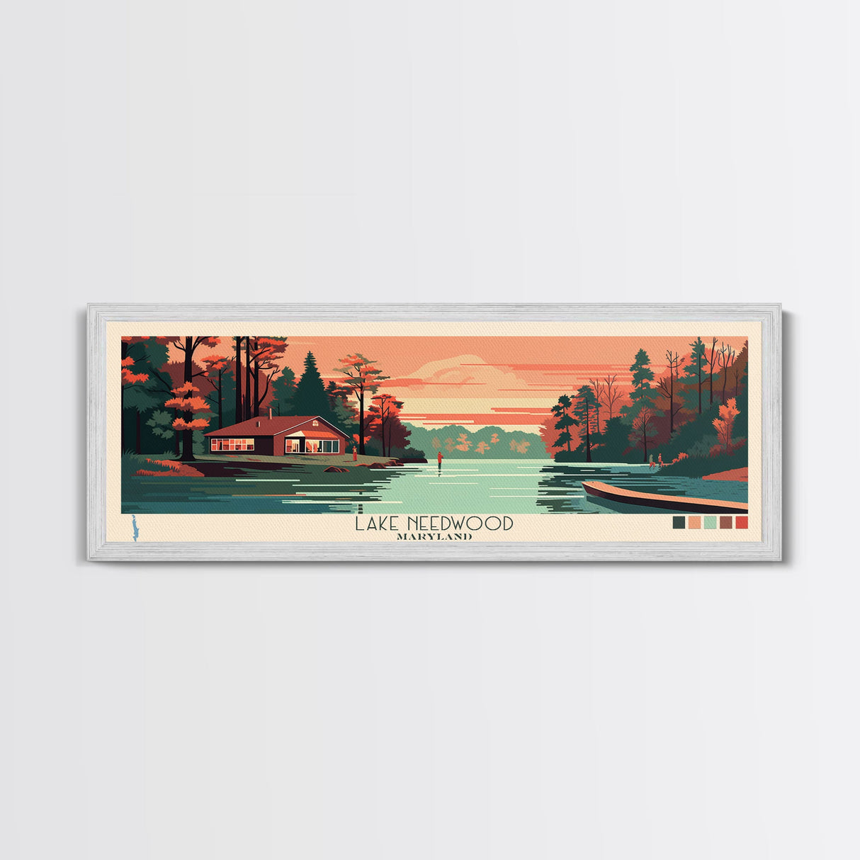 Lake Needwood Maryland Framed Canvas Print, Panoramic Wall Art, Midcentury Modern, Pop Art, Bedroom Art, Travel Poster, Lake House Decor