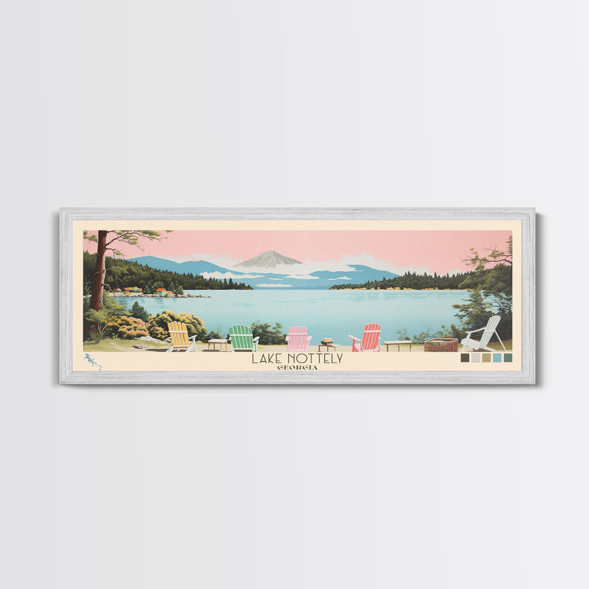 Lake Nottely Georgia Framed Canvas Print, Panoramic Wall Art, Midcentury Modern, Pop Art, Living Room Decor, Travel Poster, Lake House Art