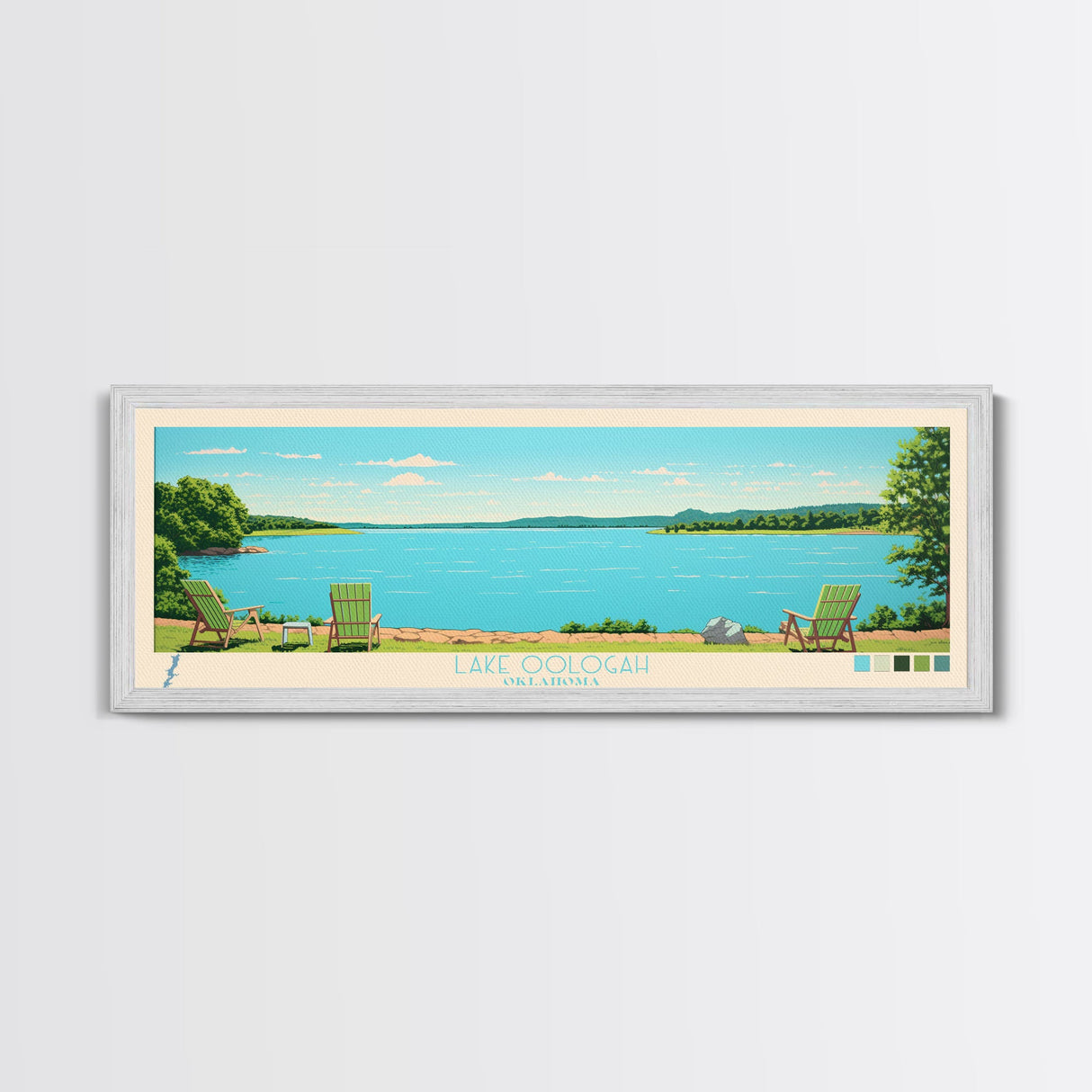 Lake Oologah Oklahoma Framed Canvas Print, Panoramic Wall Art, Midcentury Modern, Pop Art, Bedroom Art, Travel Poster, Lake House Decor