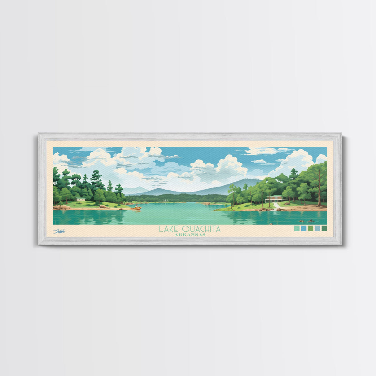 Lake Ouachita Arkansas Framed Canvas Print, Panoramic Wall Art, Midcentury Modern, Pop Art, Living Room Decor, Travel Poster, Lake House Art