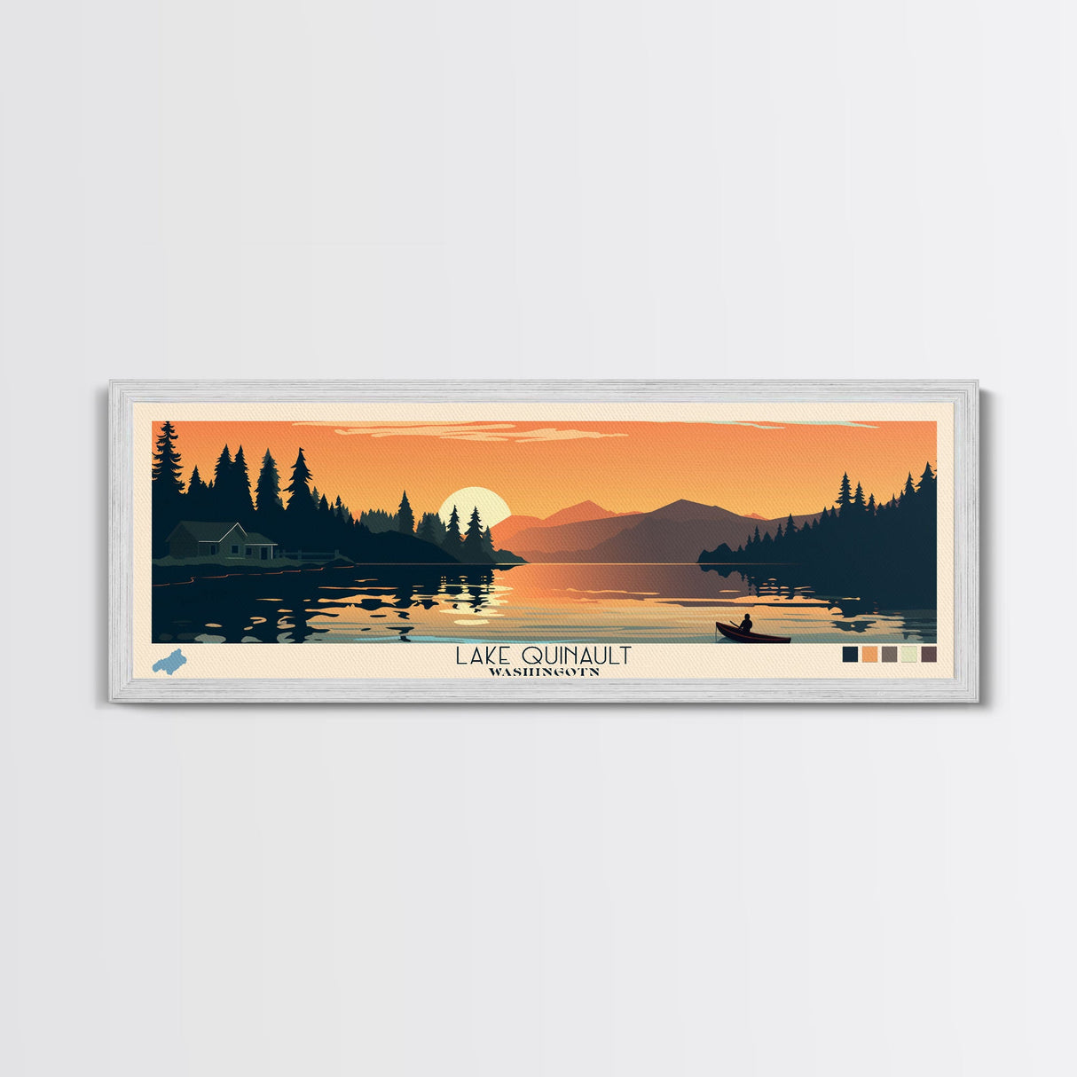 Lake Quinault Washington Framed Canvas Print, Panoramic Wall Art, Midcentury Modern, Pop Art, Living Room Decor, Travel Poster, Lake House Art