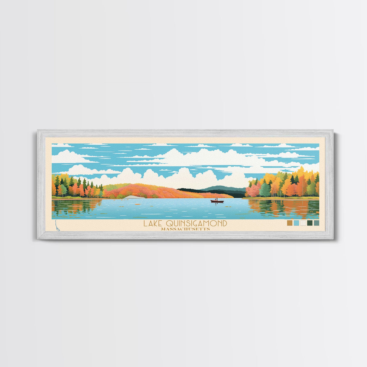 Lake Quinsigamond Massachusetts Framed Canvas Print, Panoramic Wall Art, Midcentury Modern, Pop Art, Bedroom Art, Travel Poster, Lake House Decor