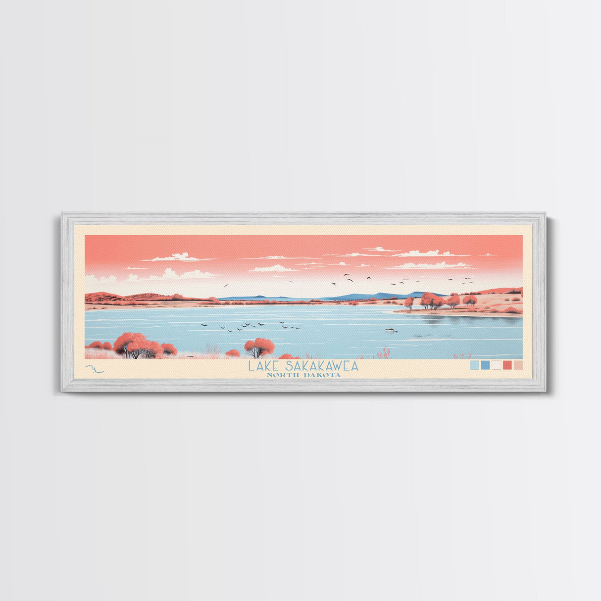 Lake Sakakawea North Dakota Framed Canvas Print, Panoramic Wall Art, Midcentury Modern, Pop Art, Living Room Decor, Travel Poster, Lake House Art