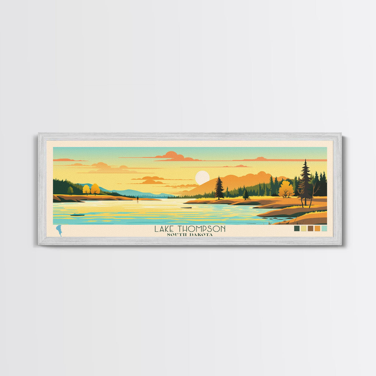 Lake Thompson South Dakota Framed Canvas Print, Panoramic Wall Art, Midcentury Modern, Pop Art, Bedroom Art, Travel Poster, Lake House Decor