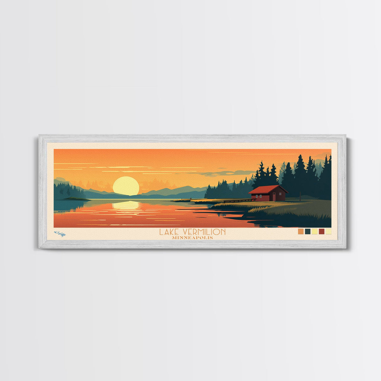 Lake Vermilion, Minneapolis Panoramic Wall Art Framed Canvas Print, Midcentury Modern, Pop Art, Home Decor, Travel Poster, Bedroom Art