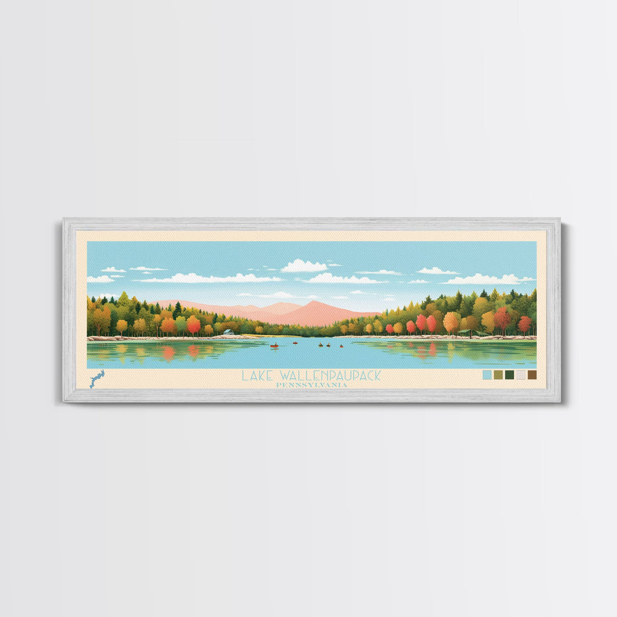 Lake Wallenpaupack, Pennsylvania Panoramic Wall Art Framed Canvas Print, Midcentury Modern, Pop Art, Home Decor, Travel Poster, Living Room Art