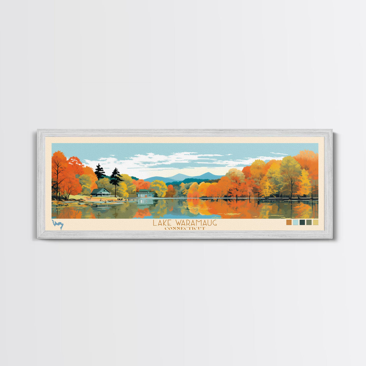 Lake Waramaug, Connecticut Panoramic Wall Art Framed Canvas Print, Midcentury Modern, Pop Art, Home Decor, Travel Poster, Living Room Art